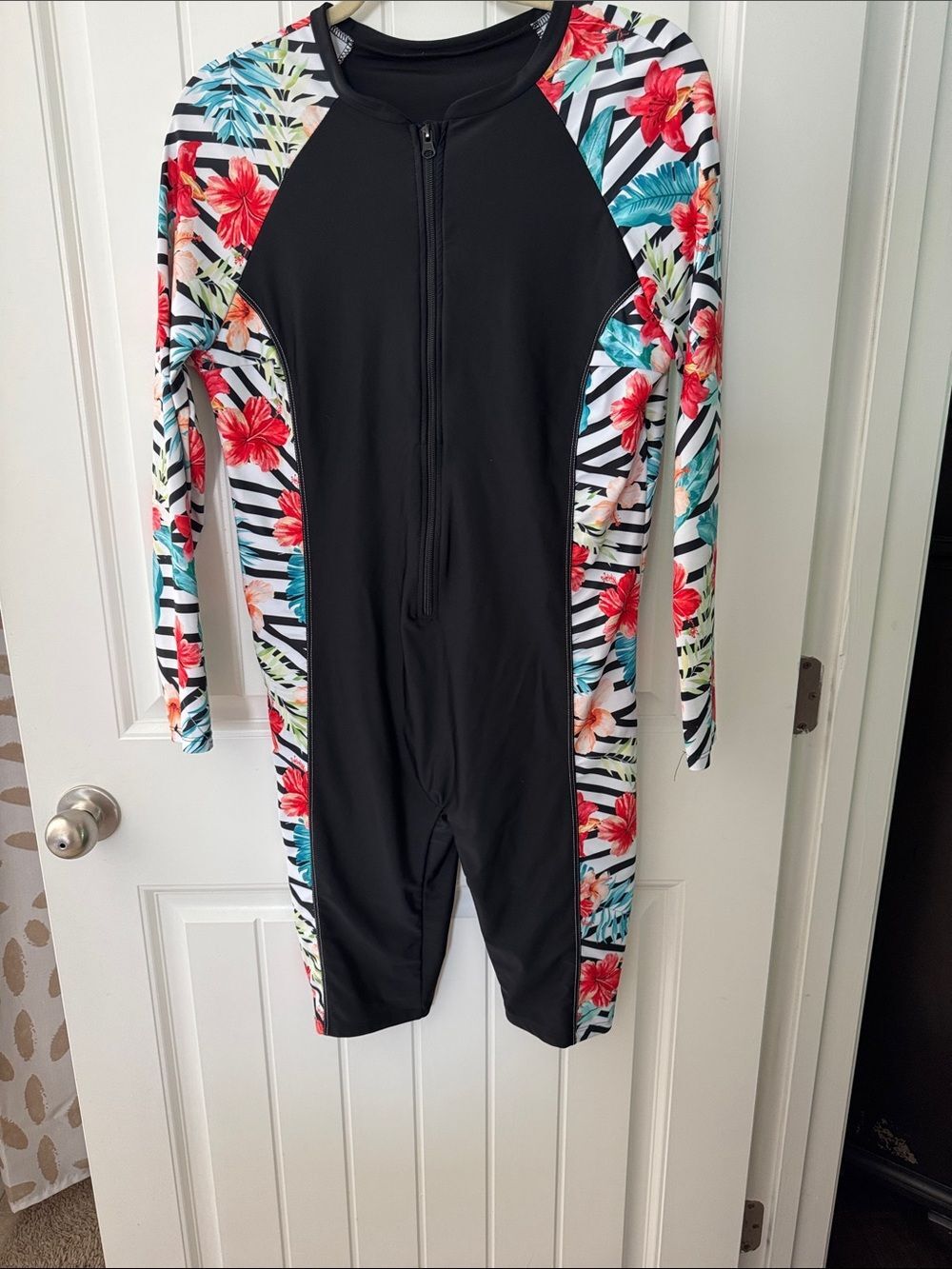 Floral Long-Sleeve Swim Onesie - Black with Tropical Print